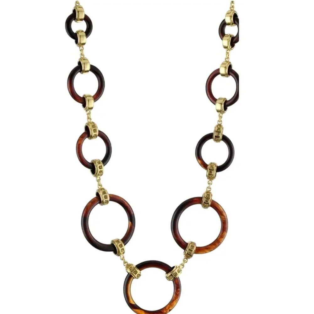Kate Spade Faux Tortoise Shell Circle Gold Tone Links yellow rhinestone Necklace